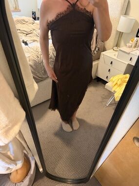 Commense Chocolate Brown Lace-Trim Midi Slip Dress